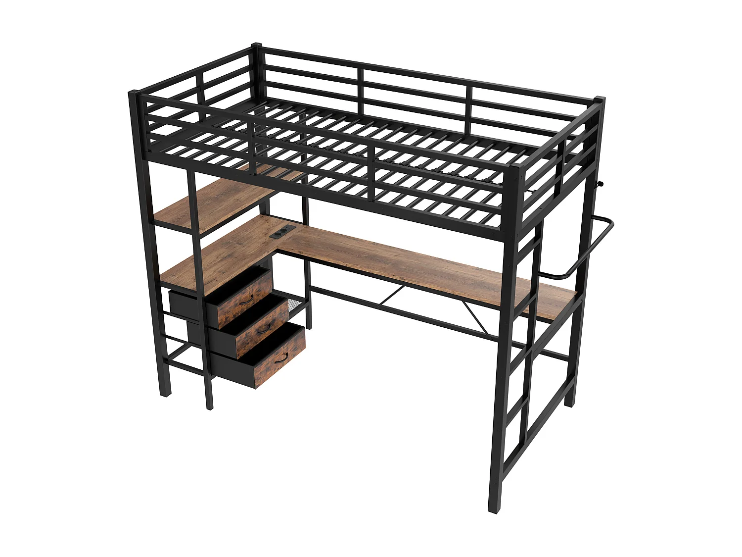 Lit mezzanine enfant 90x200cm en métal noir, avec bureau et 3 tiroirs, sommier inclus, sans matelas