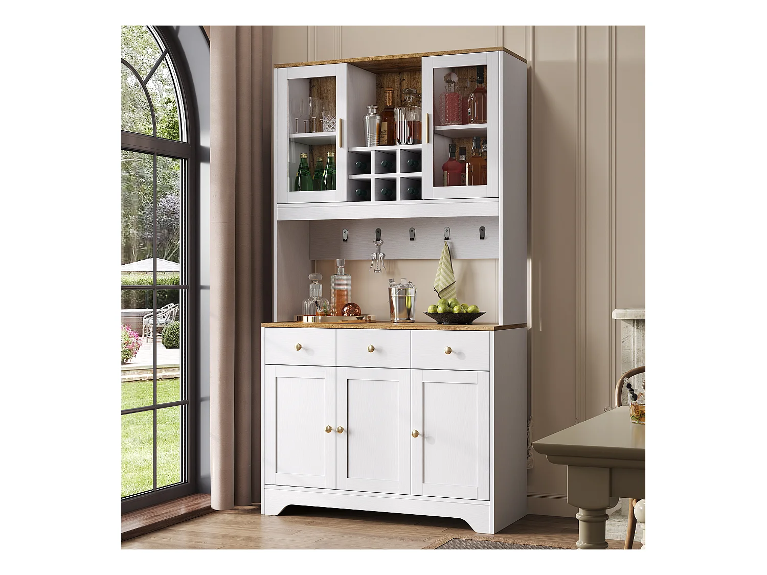 Buffet de cuisine 94.5x40x175.5cm avec 5 portes, 3 tiroirs et niches, plateau en placage woodgrain, corps blanc