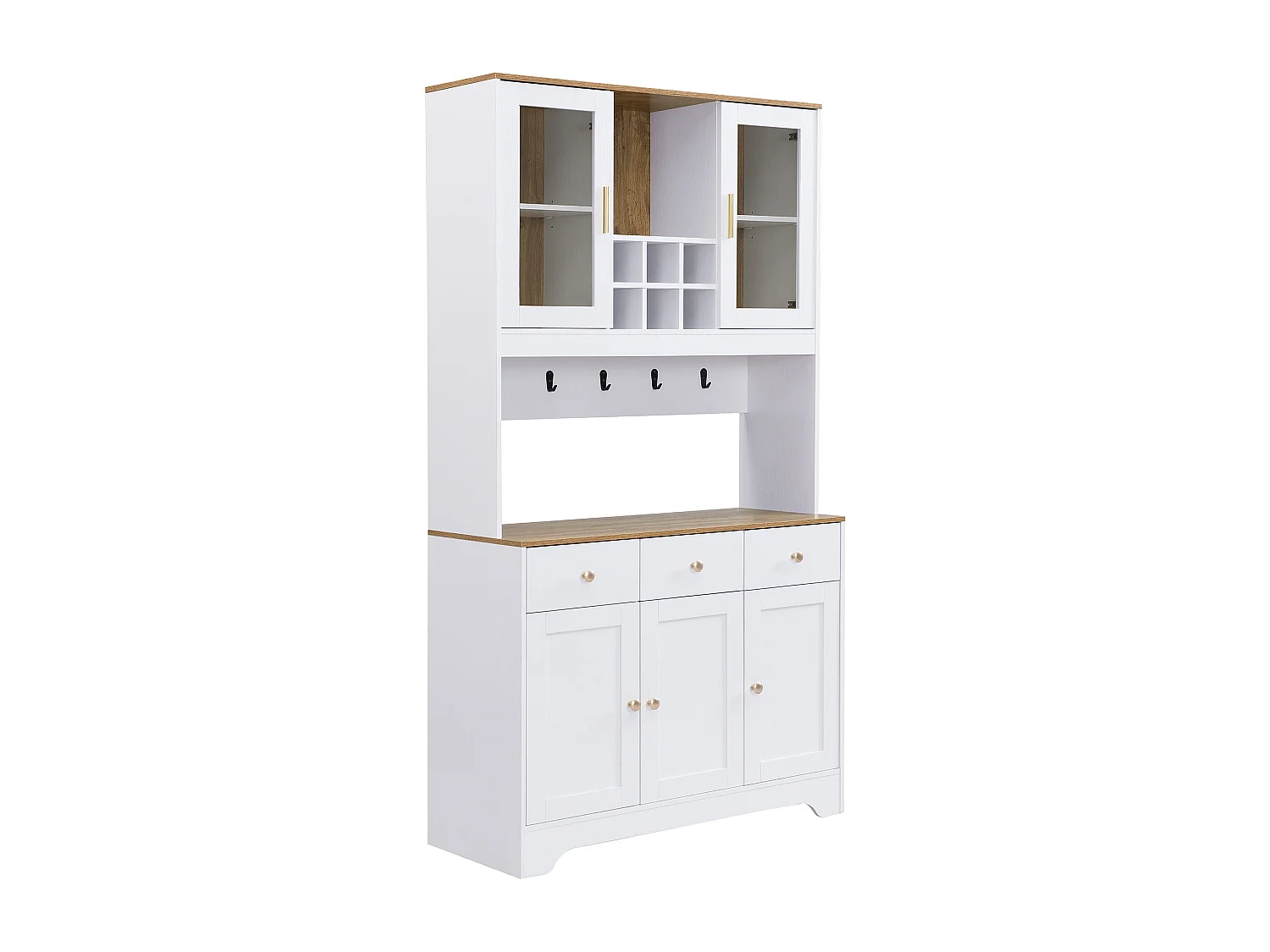 Buffet de cuisine 94.5x40x175.5cm avec 5 portes, 3 tiroirs et niches, plateau en placage woodgrain, corps blanc