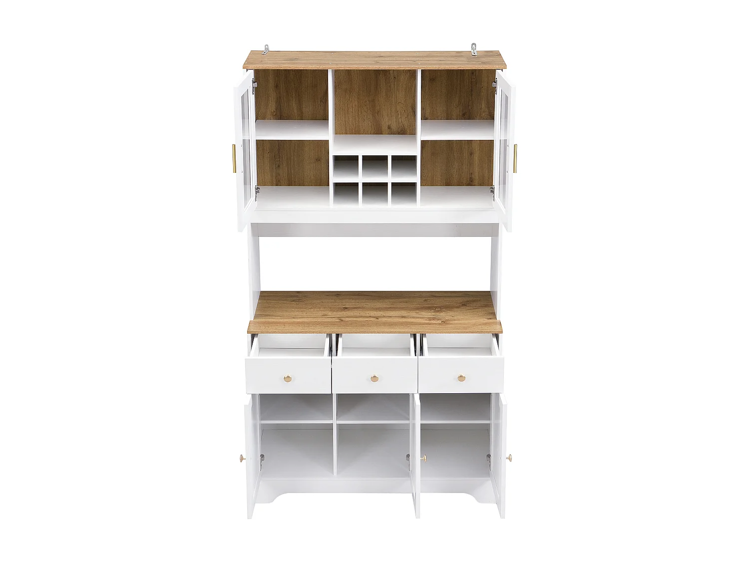 Buffet de cuisine 94.5x40x175.5cm avec 5 portes, 3 tiroirs et niches, plateau en placage woodgrain, corps blanc