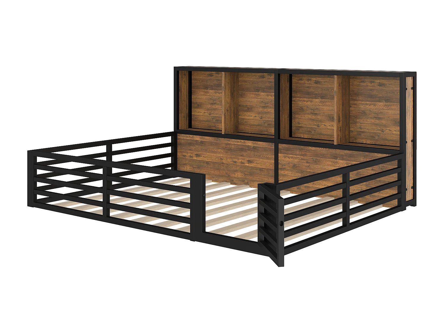 Lit enfant 140x200cm noir avec compartiments de rangement, sommier à lattes, MDF, sans matelas