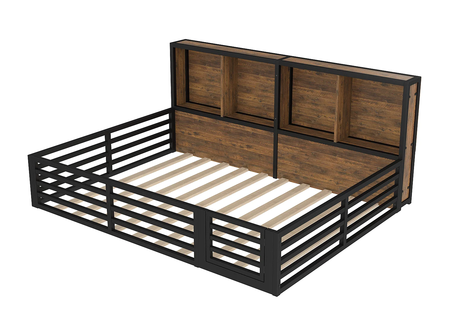 Lit enfant 140x200cm noir avec compartiments de rangement, sommier à lattes, MDF, sans matelas