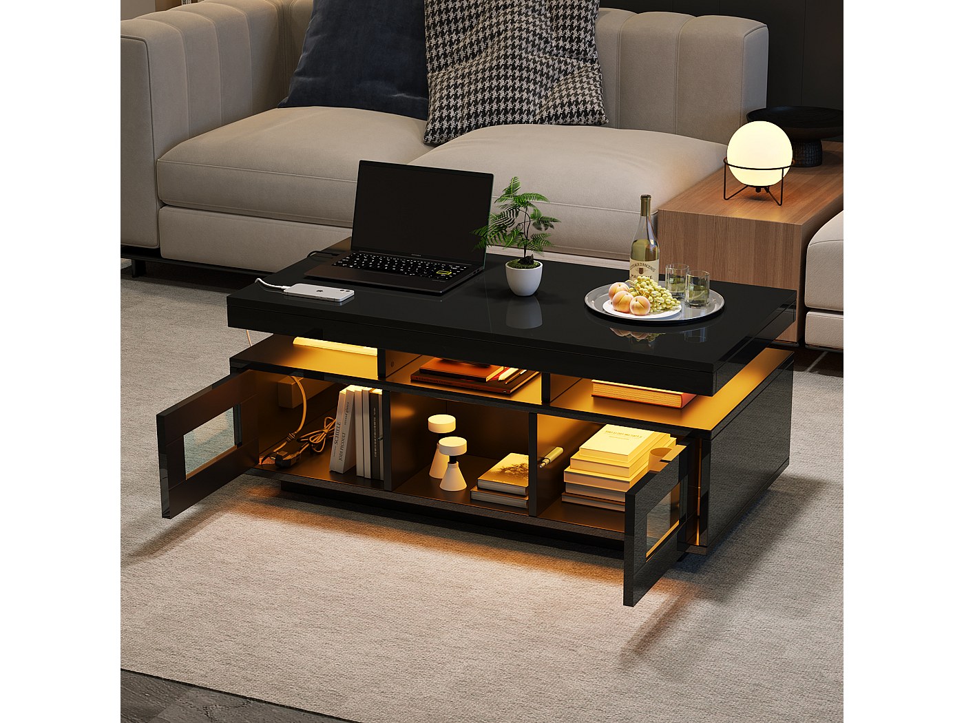 Table basse rectangle 100x50x43cm avec 2 portes et niche, LED, ports ...