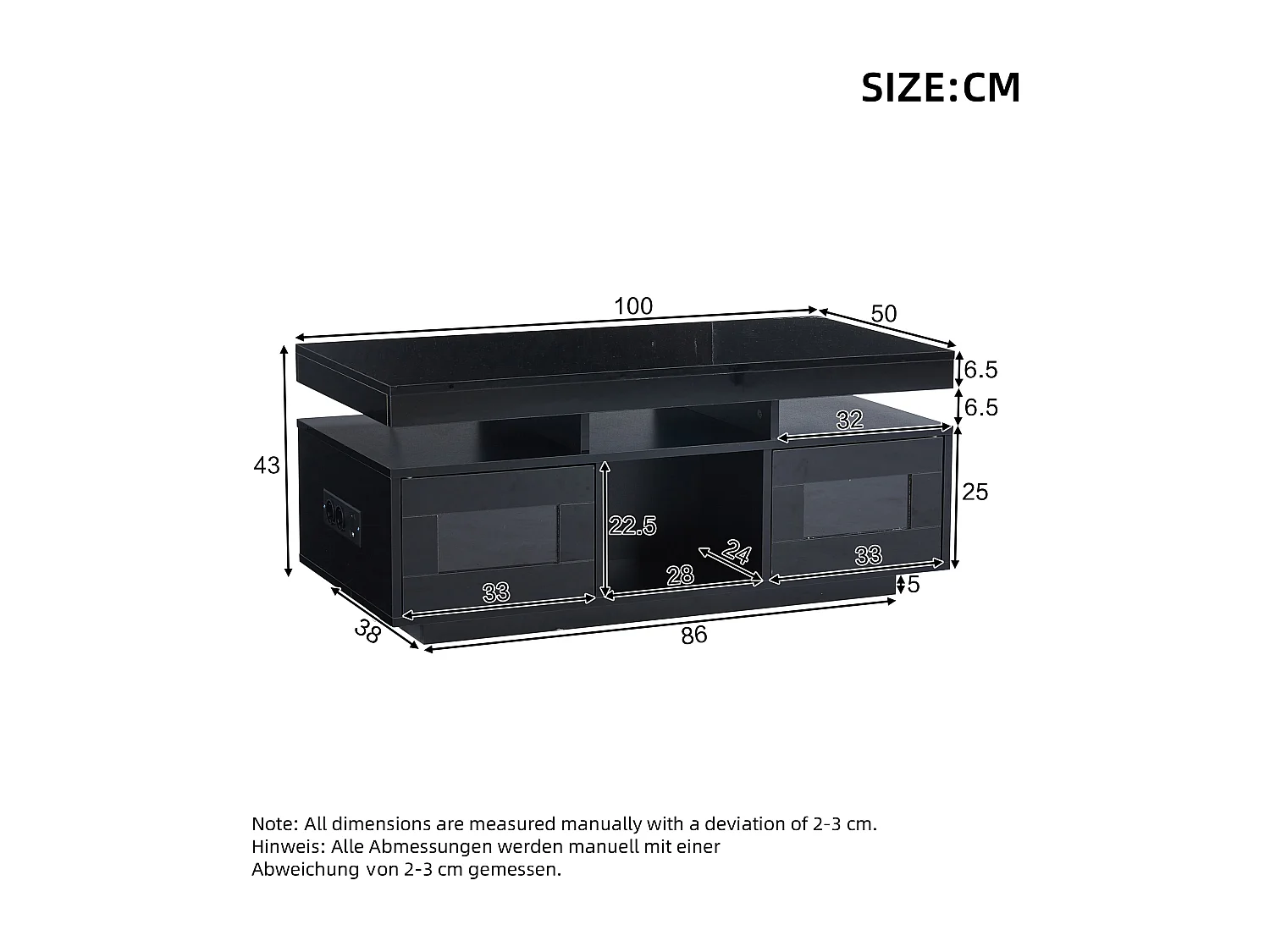 Table basse rectangle 100x50x43cm avec 2 portes et niche, LED, ports USB et prise inclus, corps en noir laqué brillant