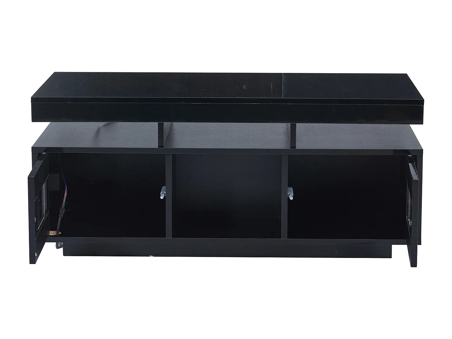 Table basse rectangle 100x50x43cm avec 2 portes et niche, LED, ports USB et prise inclus, corps en noir laqué brillant