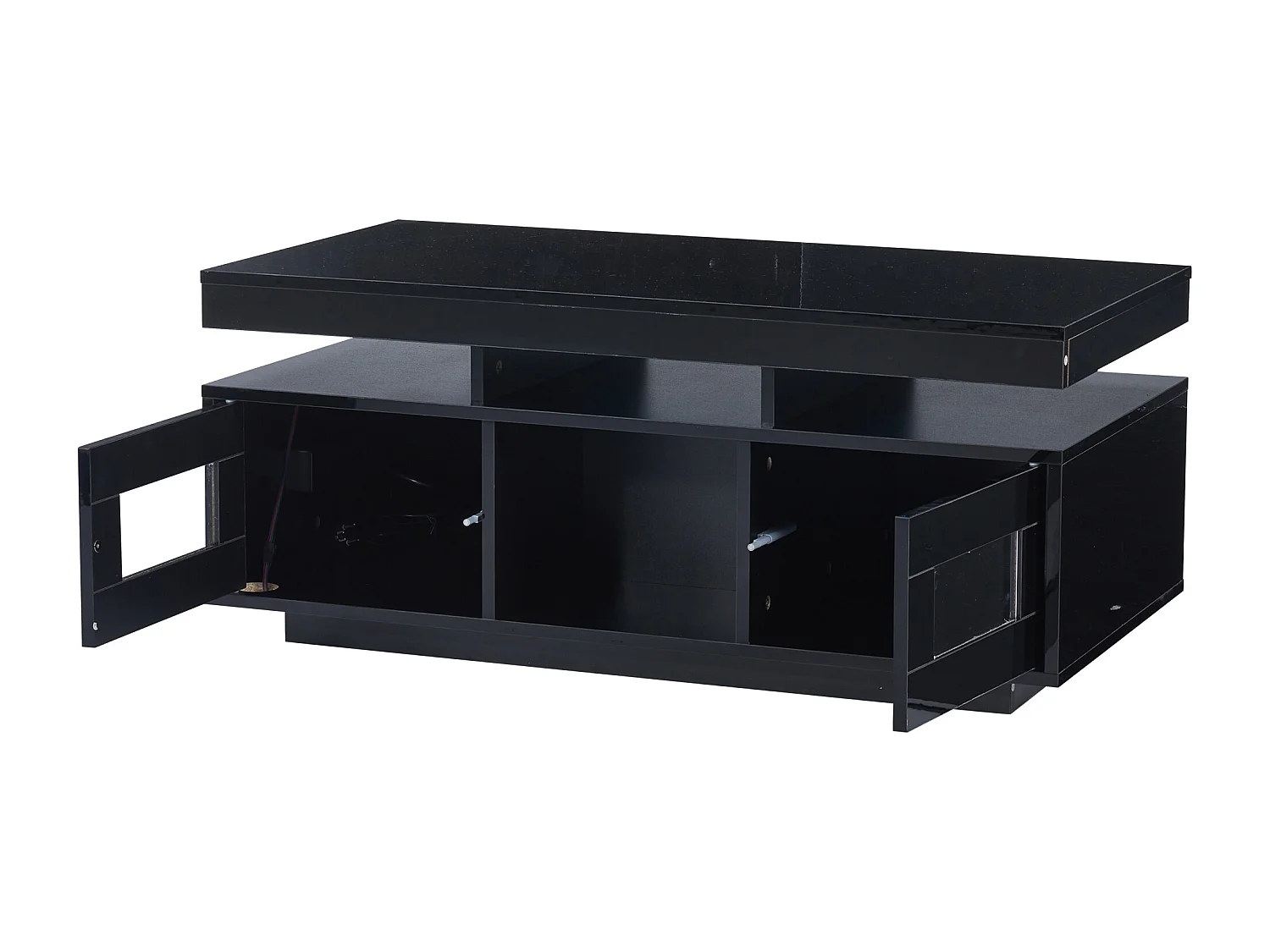 Table basse rectangle 100x50x43cm avec 2 portes et niche, LED, ports USB et prise inclus, corps en noir laqué brillant