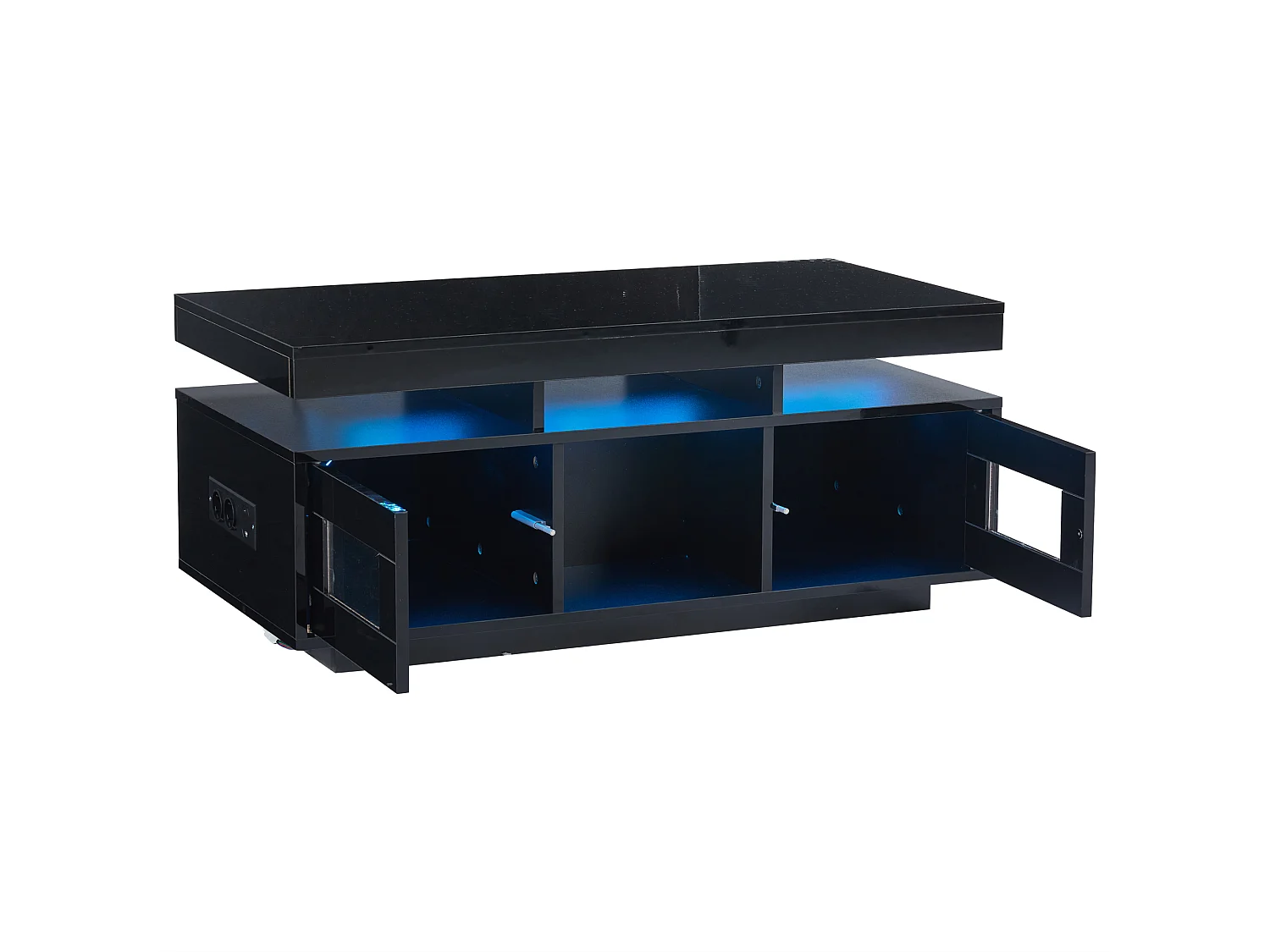 Table basse rectangle 100x50x43cm avec 2 portes et niche, LED, ports USB et prise inclus, corps en noir laqué brillant