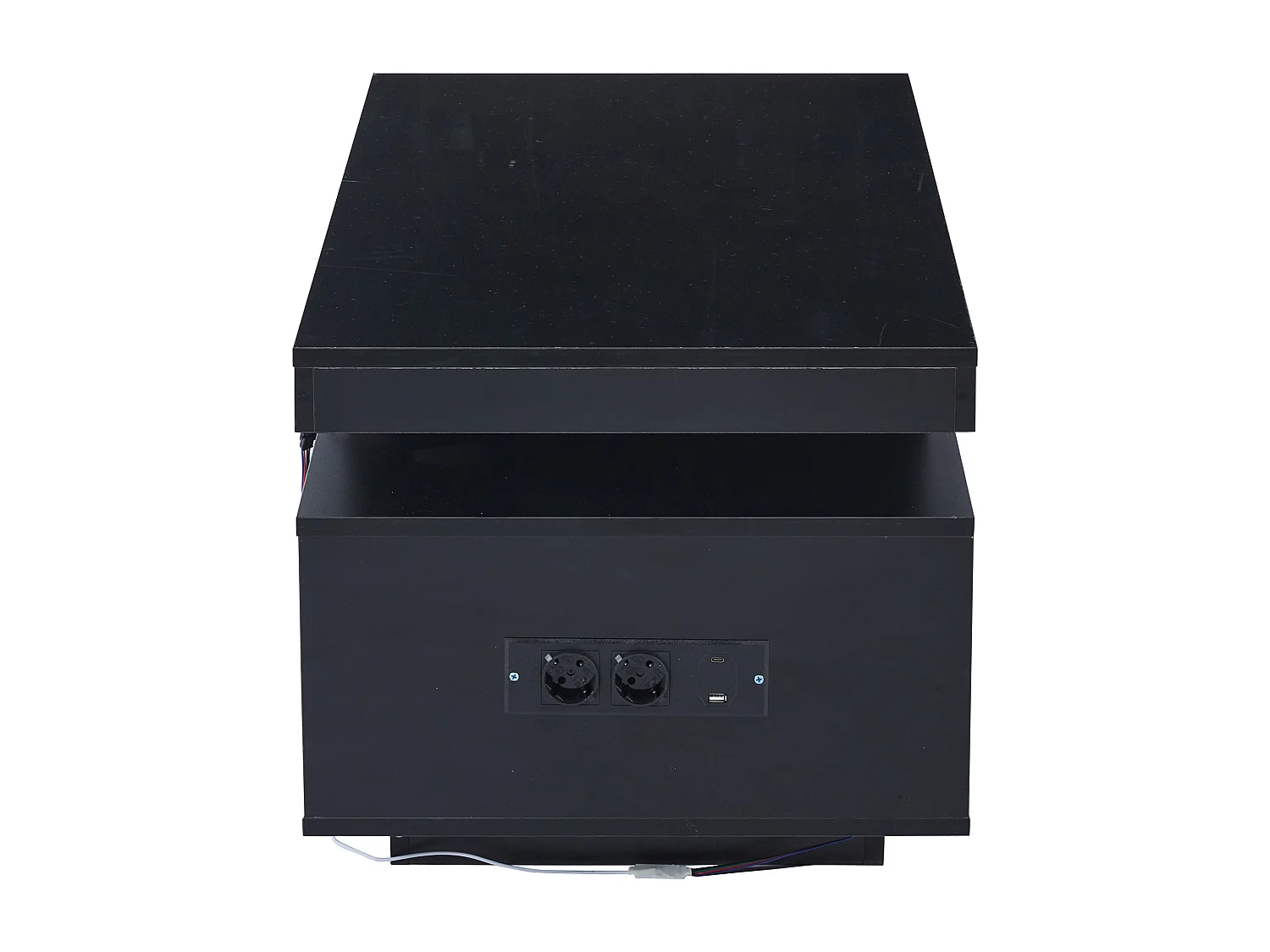 Table basse rectangle 100x50x43cm avec 2 portes et niche, LED, ports USB et prise inclus, corps en noir laqué brillant