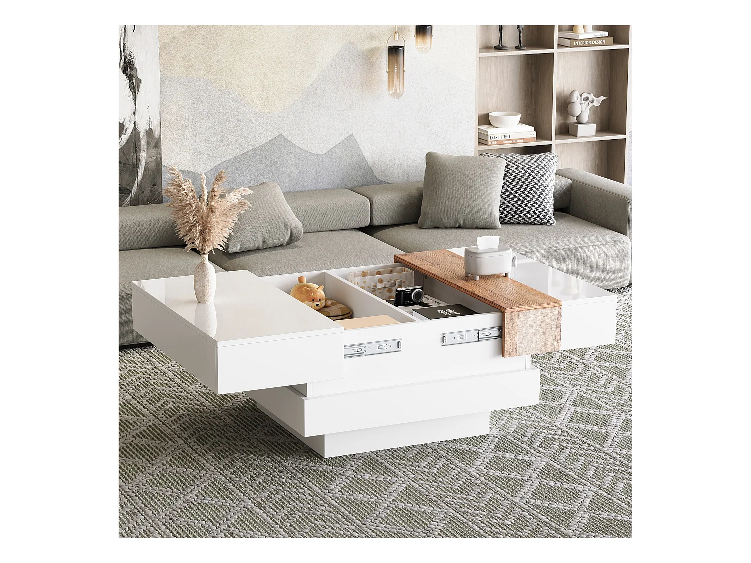 Table basse carré 70x70x39cm avec plateau extensible et space de rangement caché, blanc et bois clair