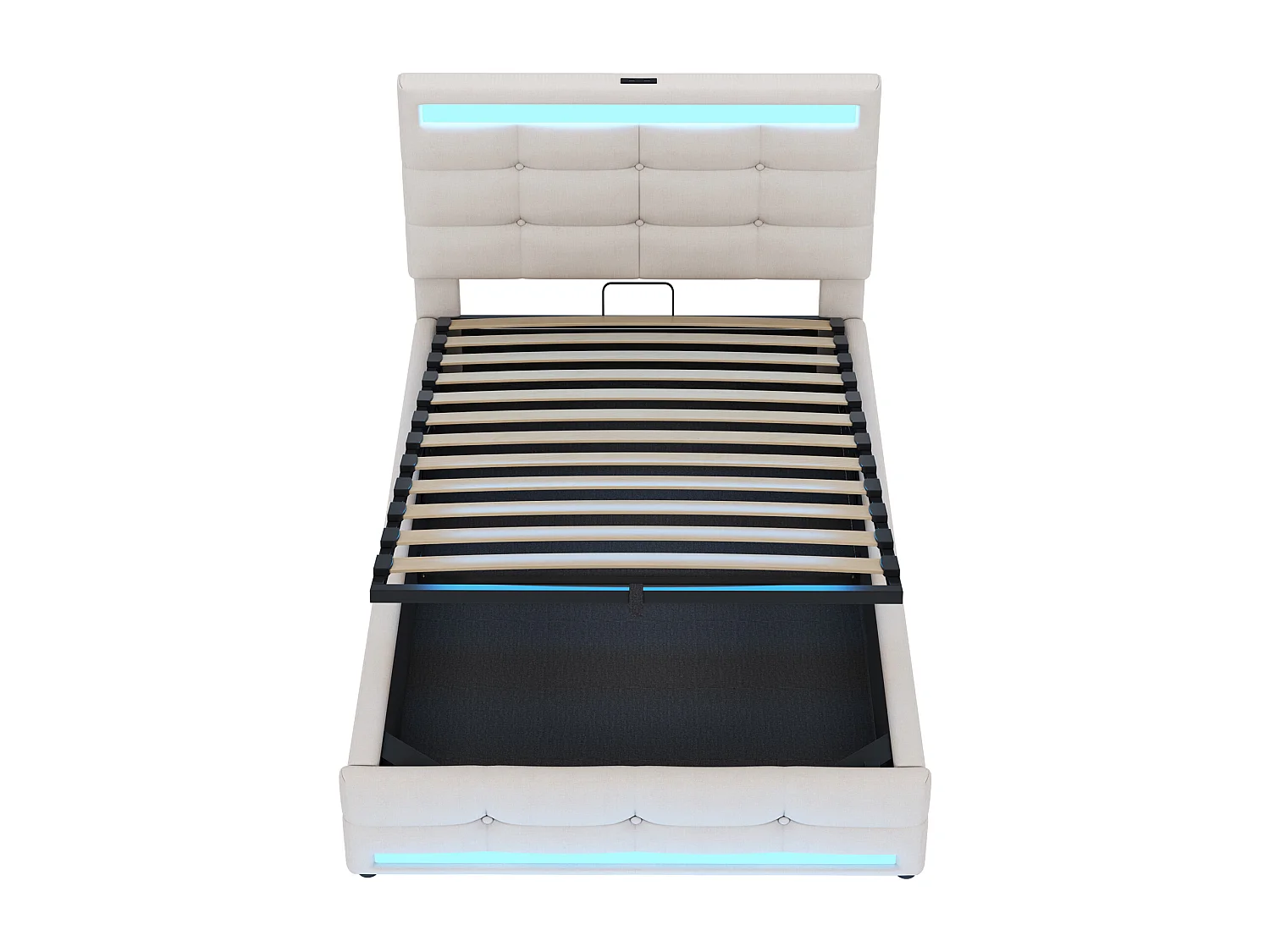 lit coffre enfant 90x200cm avec LED et USB, tête de lit réglable en hauteur, tissu en lin beige, sans matelas