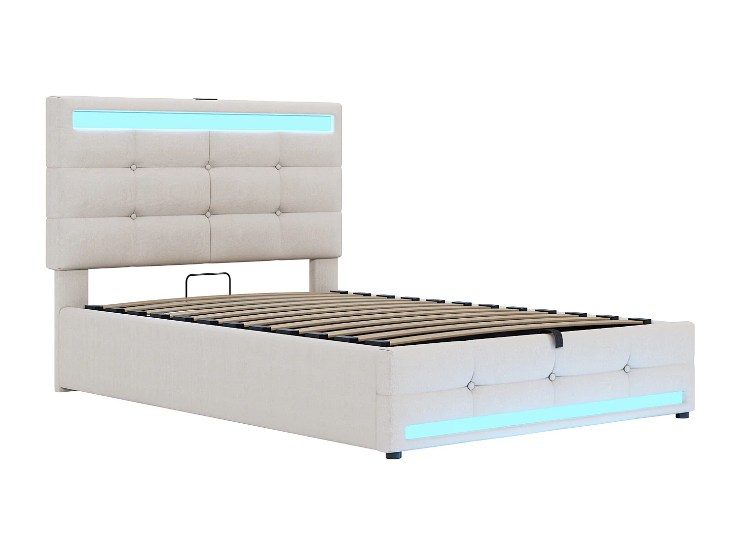 lit coffre enfant 90x200cm avec LED et USB, tête de lit réglable en hauteur, tissu en lin beige, sans matelas