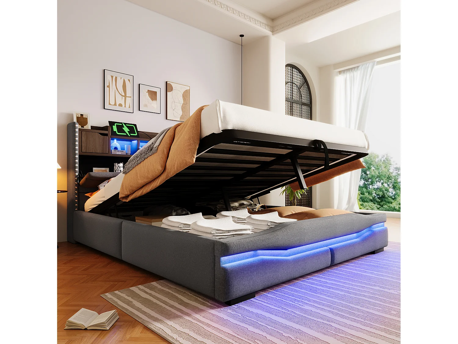 Cama canapé adulto 160x200cm con LED y USB tipo C, cabecero canapé, tela lino gris, sin colchón
