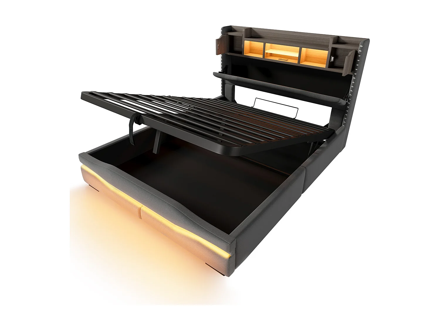 Cama canapé adulto 160x200cm con LED y USB tipo C, cabecero canapé, tela lino gris, sin colchón