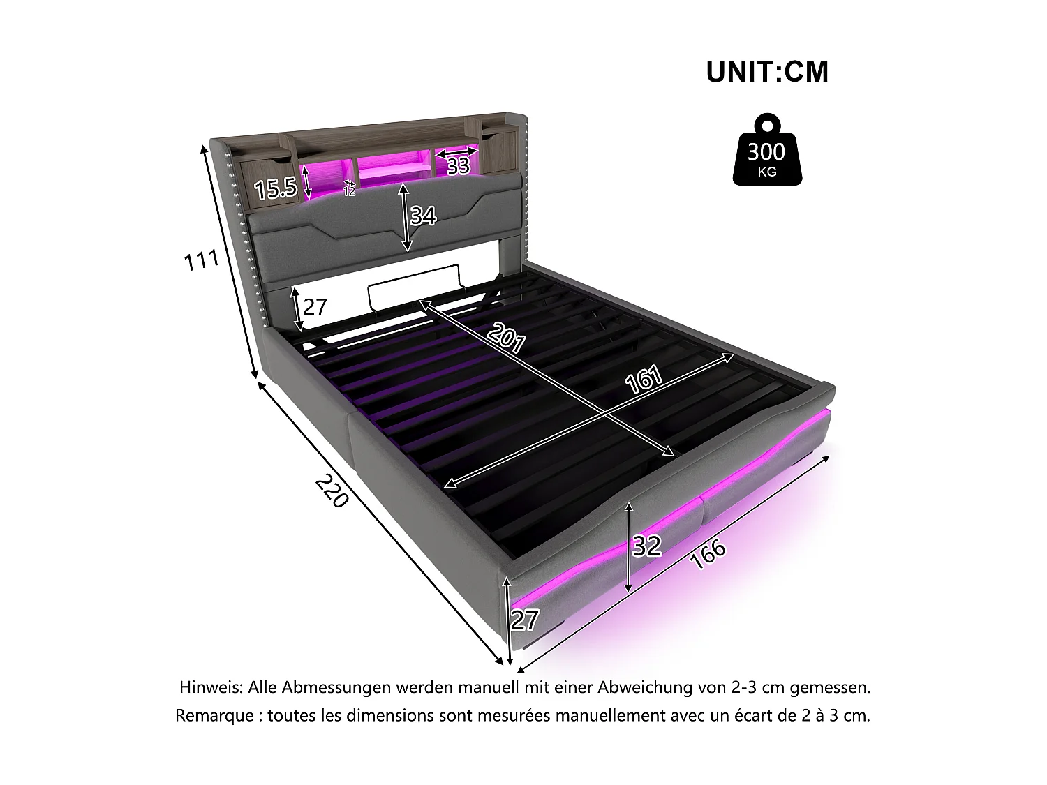 Cama canapé adulto 160x200cm con LED y USB tipo C, cabecero canapé, tela lino gris, sin colchón