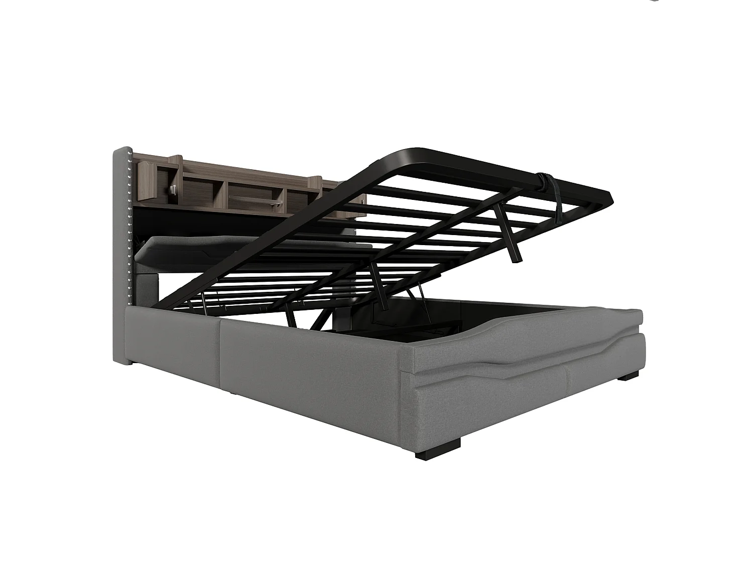 Cama canapé adulto 160x200cm con LED y USB tipo C, cabecero canapé, tela lino gris, sin colchón