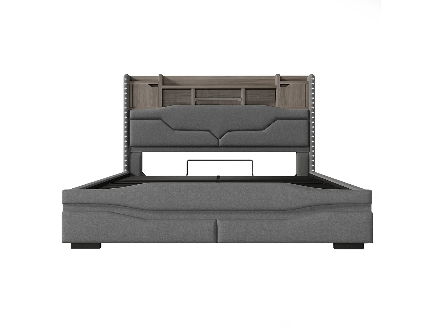 Cama canapé adulto 160x200cm con LED y USB tipo C, cabecero canapé, tela lino gris, sin colchón