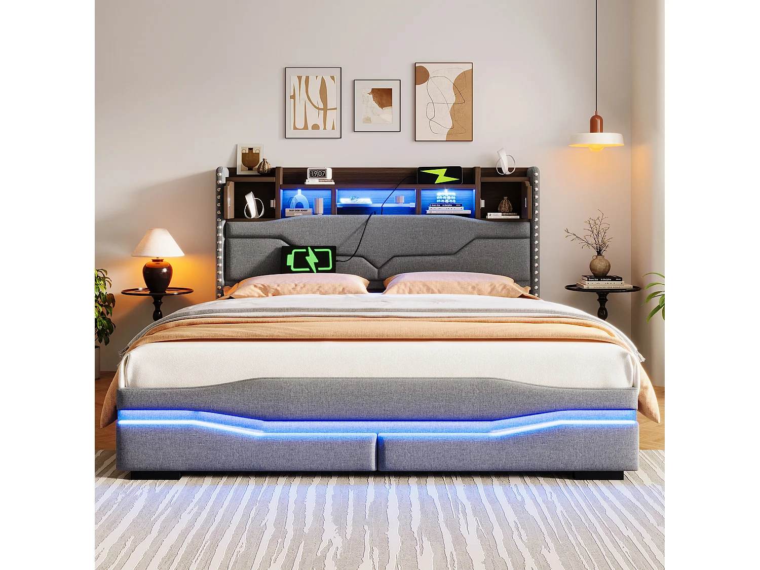 Lit coffre adulte 160x200cm avec LED et USB type-C, tête de lit de rangement, tissu en lin gris, sans matelas