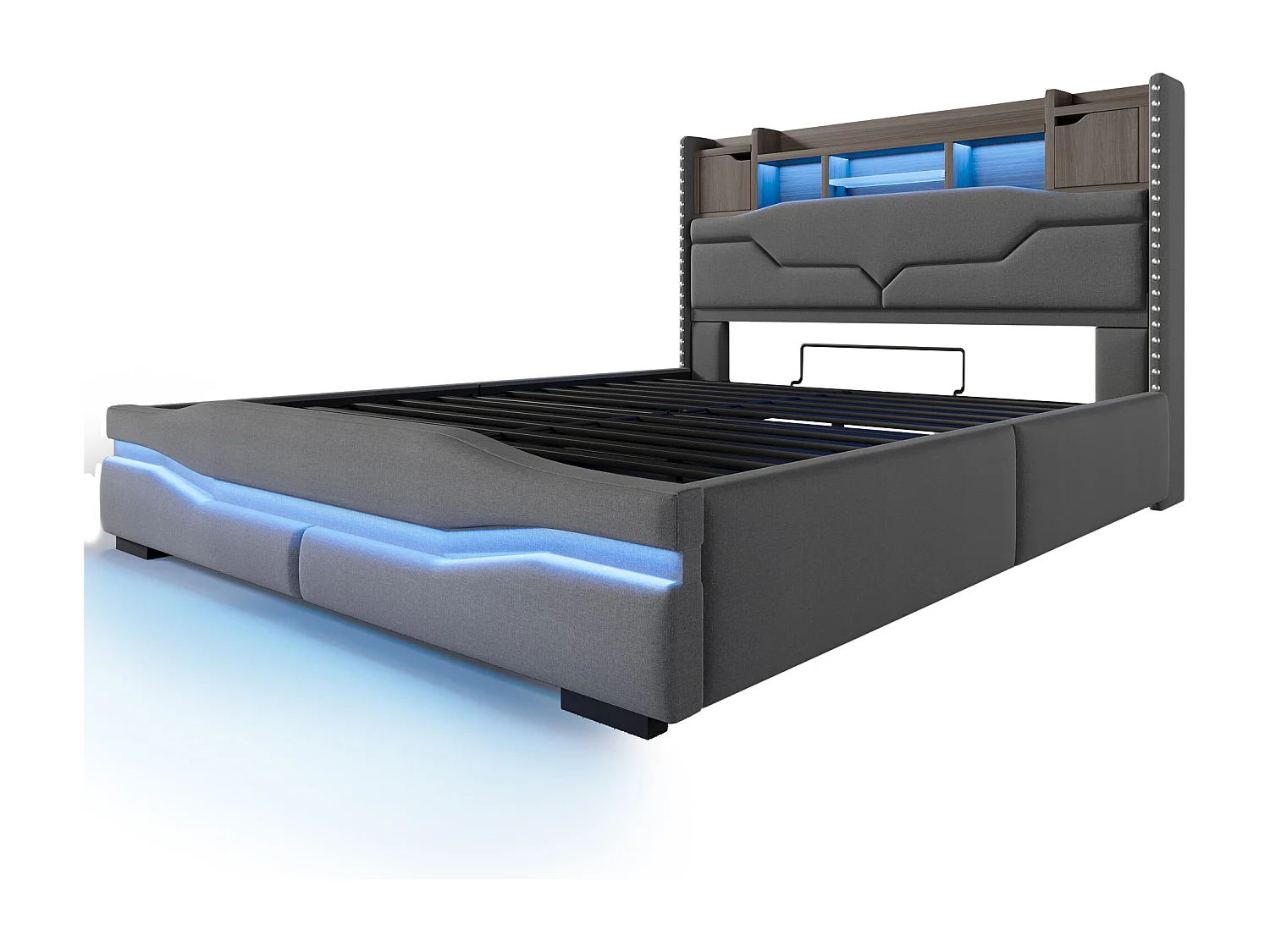 Lit coffre adulte 160x200cm avec LED et USB type-C, tête de lit de rangement, tissu en lin gris, sans matelas