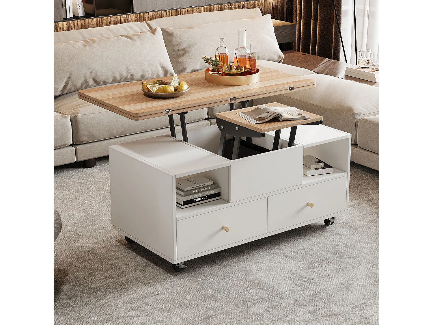 Table basse rectangle à roulettes 100x50x47.5cm avec plateau relevable et rabattable en placage woodgrain, 4 tiroirs inclus, corps en blanc