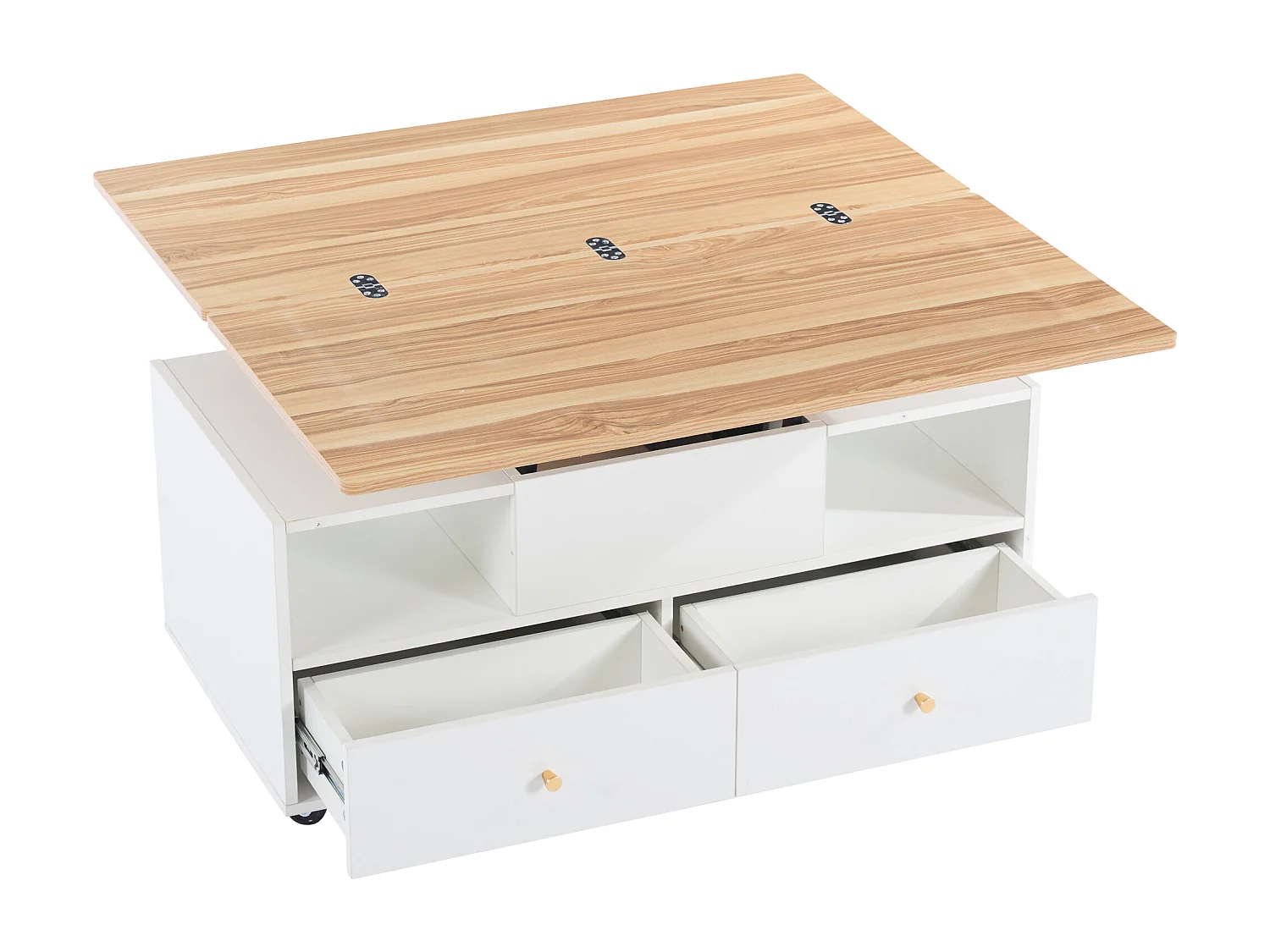 Table basse rectangle à roulettes 100x50x47.5cm avec plateau relevable et rabattable en placage woodgrain, 4 tiroirs inclus, corps en blanc
