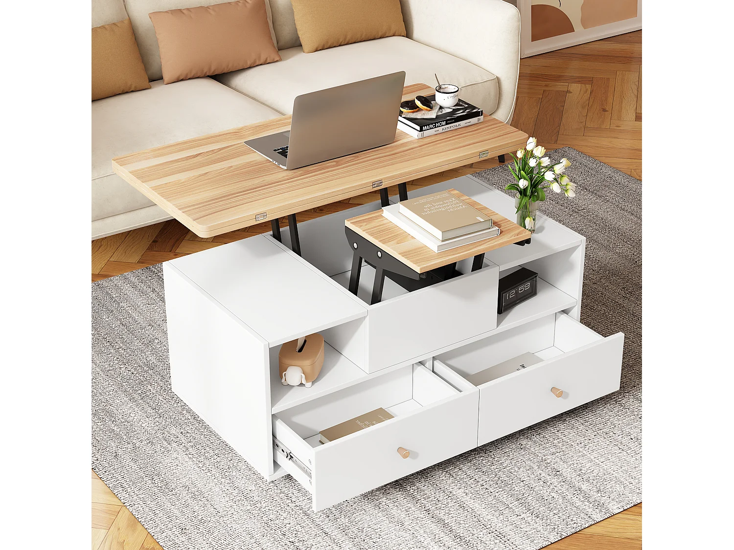 Table basse rectangle à roulettes 100x50x47.5cm avec plateau relevable et rabattable en placage woodgrain, 4 tiroirs inclus, corps en blanc