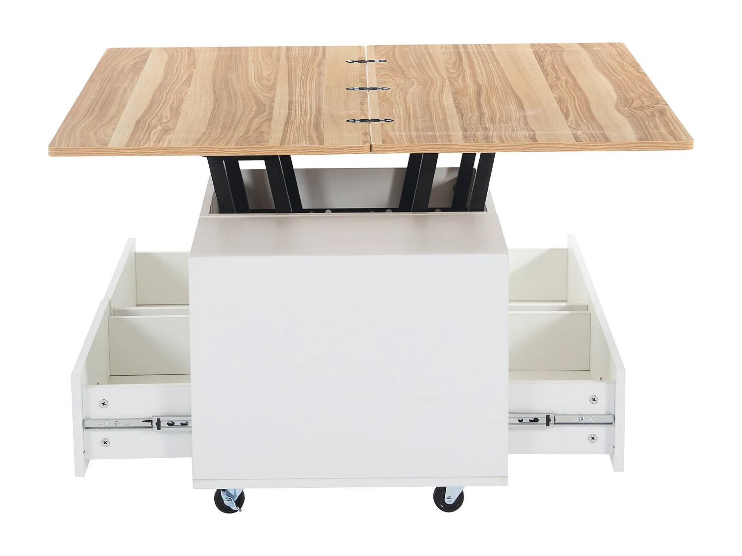 Table basse rectangle à roulettes 100x50x47.5cm avec plateau relevable et rabattable en placage woodgrain, 4 tiroirs inclus, corps en blanc