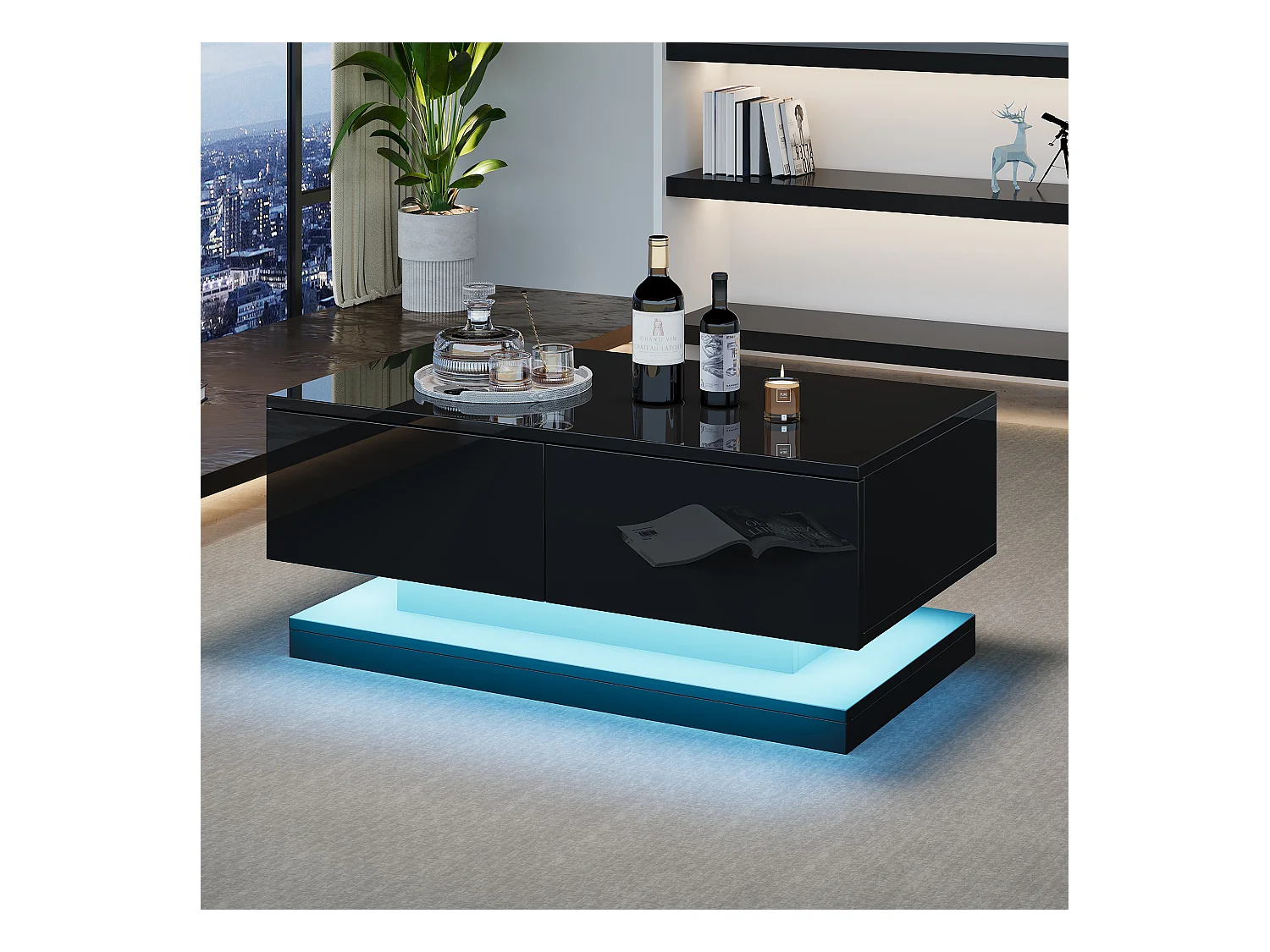 Mesa de centro rectangular 90x50x38cm con 2 cajones, LED incluido, cuerpo en lacado negro brillo