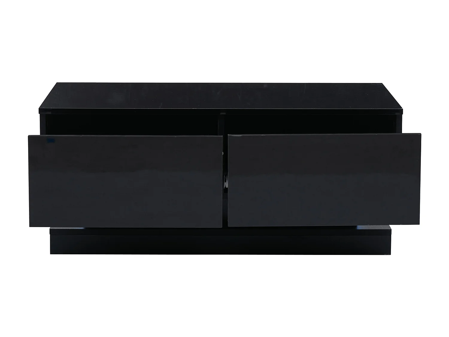 Table basse rectangle 90x50x38cm avec 2 tiroirs, LED inclus, corps en noir laqué brillant