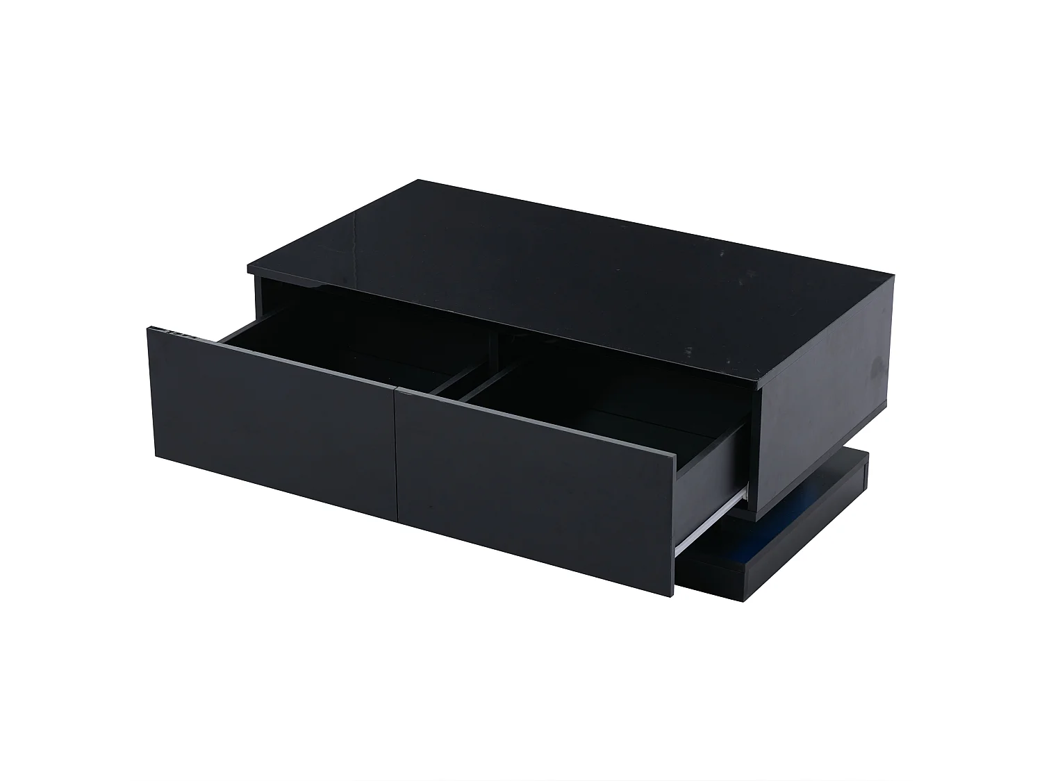 Table basse rectangle 90x50x38cm avec 2 tiroirs, LED inclus, corps en noir laqué brillant