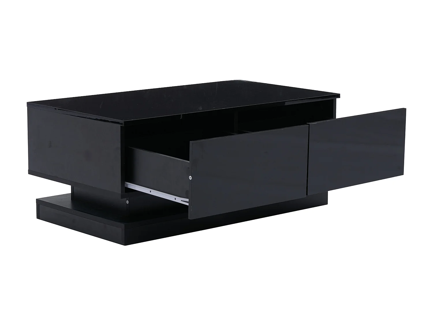 Table basse rectangle 90x50x38cm avec 2 tiroirs, LED inclus, corps en noir laqué brillant