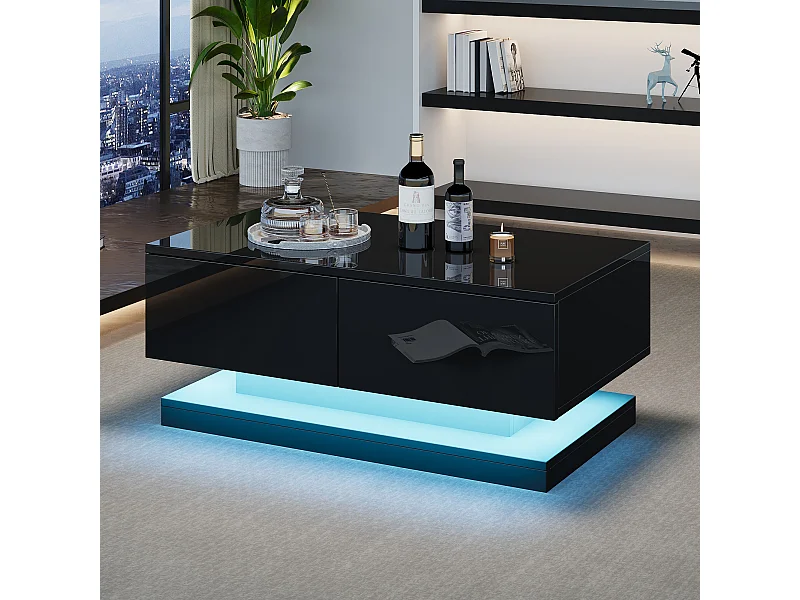 Table basse rectangle 90x50x38cm avec 2 tiroirs, LED inclus, corps en noir laqué brillant