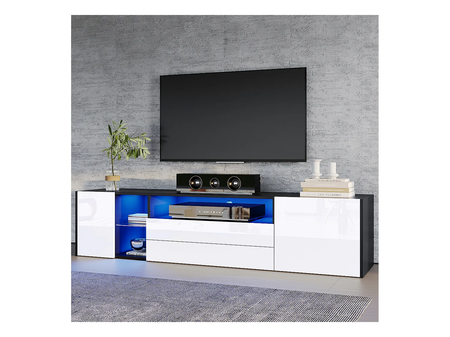 TV-meubel 180x40x45cm met 2 deuren en 2 lades, inclusief LED, behuizing in wit en zwarte hoogglanslak