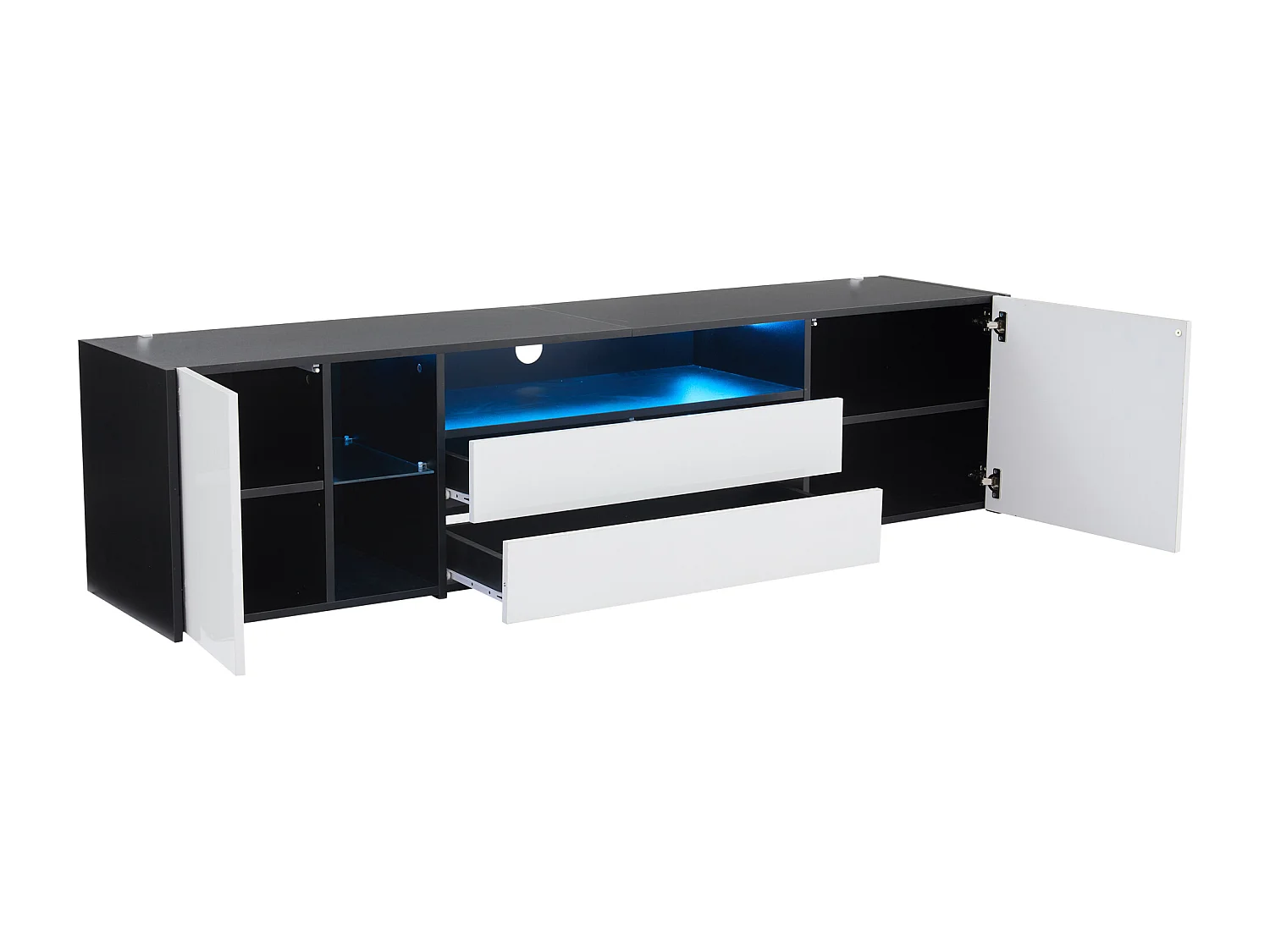 Meuble TV 180x40x45cm avec 2 portes et 2 tiroirs, LED inclus, corps en blanc et noir laqué brillant