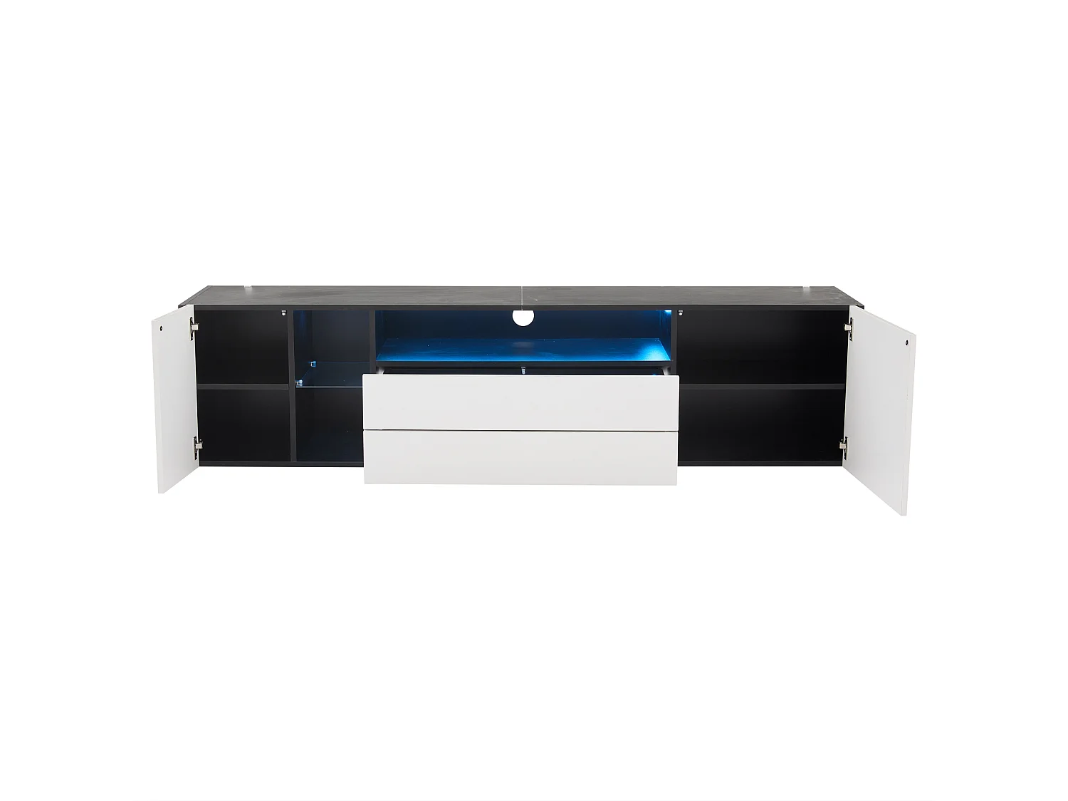 Meuble TV 180x40x45cm avec 2 portes et 2 tiroirs, LED inclus, corps en blanc et noir laqué brillant