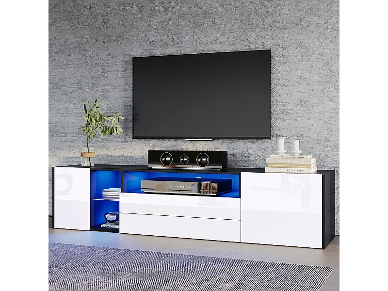 Meuble TV 180x40x45cm avec 2 portes et 2 tiroirs, LED inclus, corps en blanc et noir laqué brillant