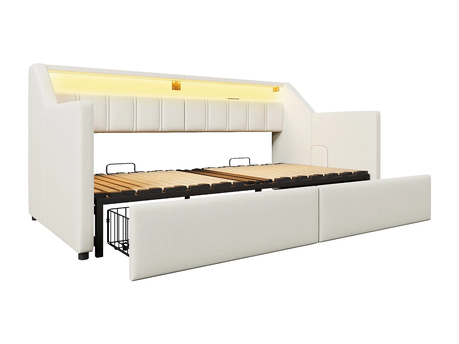 Lit banquette enfant 90/180x200cm convertible avec tiroirs, LED et USB, tissu en lin beige, sans matelas