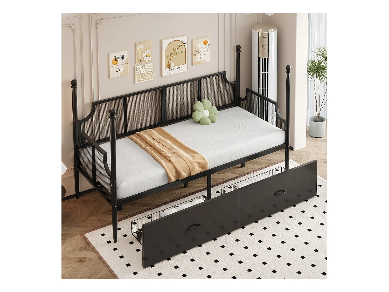 Lit enfant 90x200cm à baldaquin avec 2 tiroirs, cadre en fer, sans matelas, noir