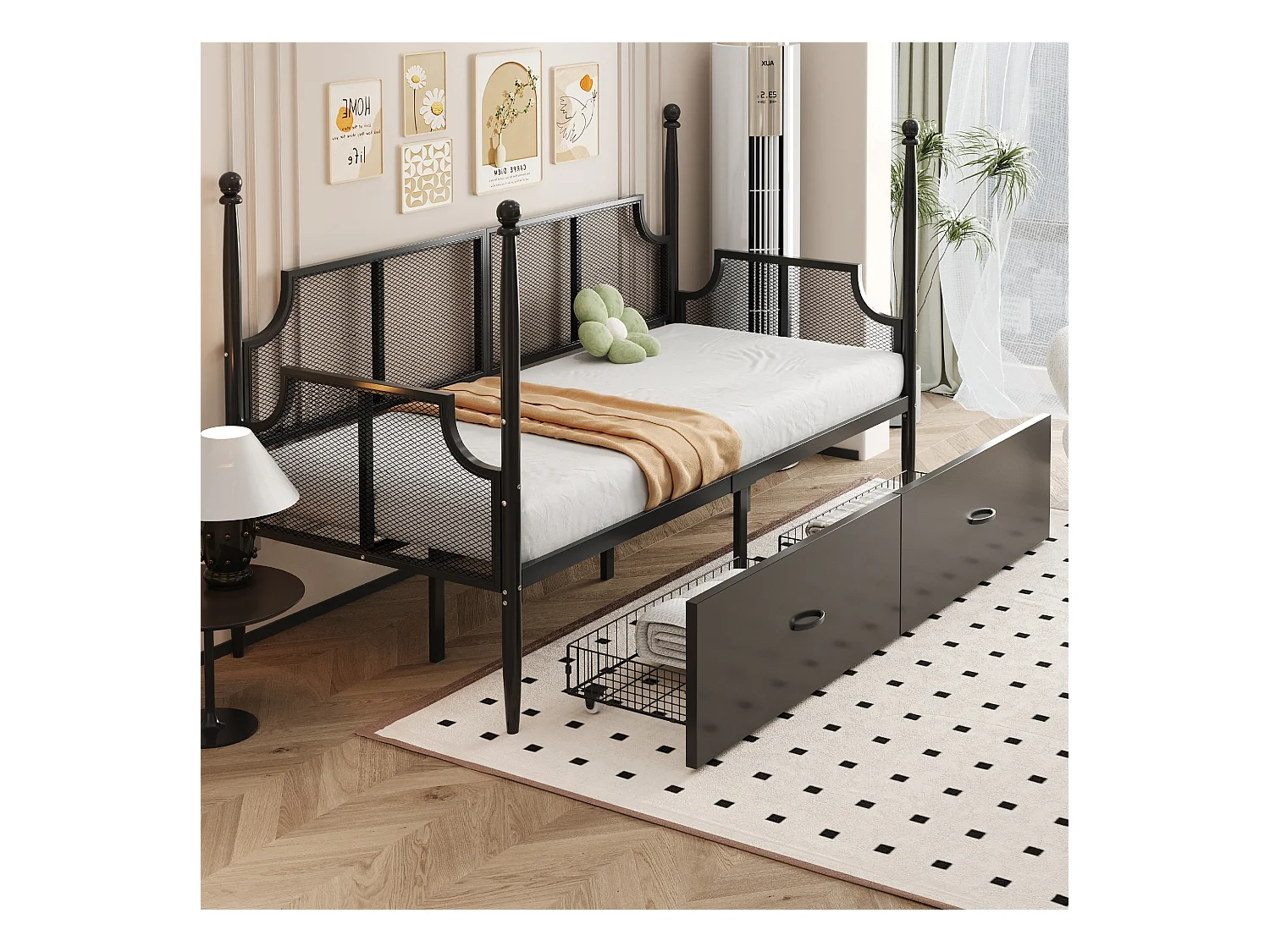 Lit enfant 90x200cm à baldaquin avec 2 tiroirs, cadre en fer, sans matelas, noir