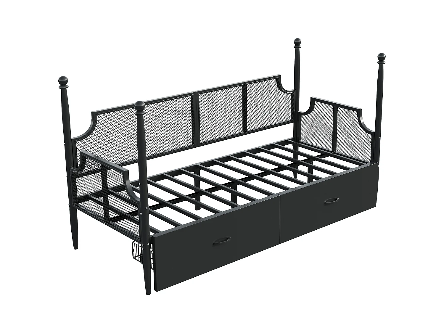 Lit enfant 90x200cm à baldaquin avec 2 tiroirs, cadre en fer, sans matelas, noir