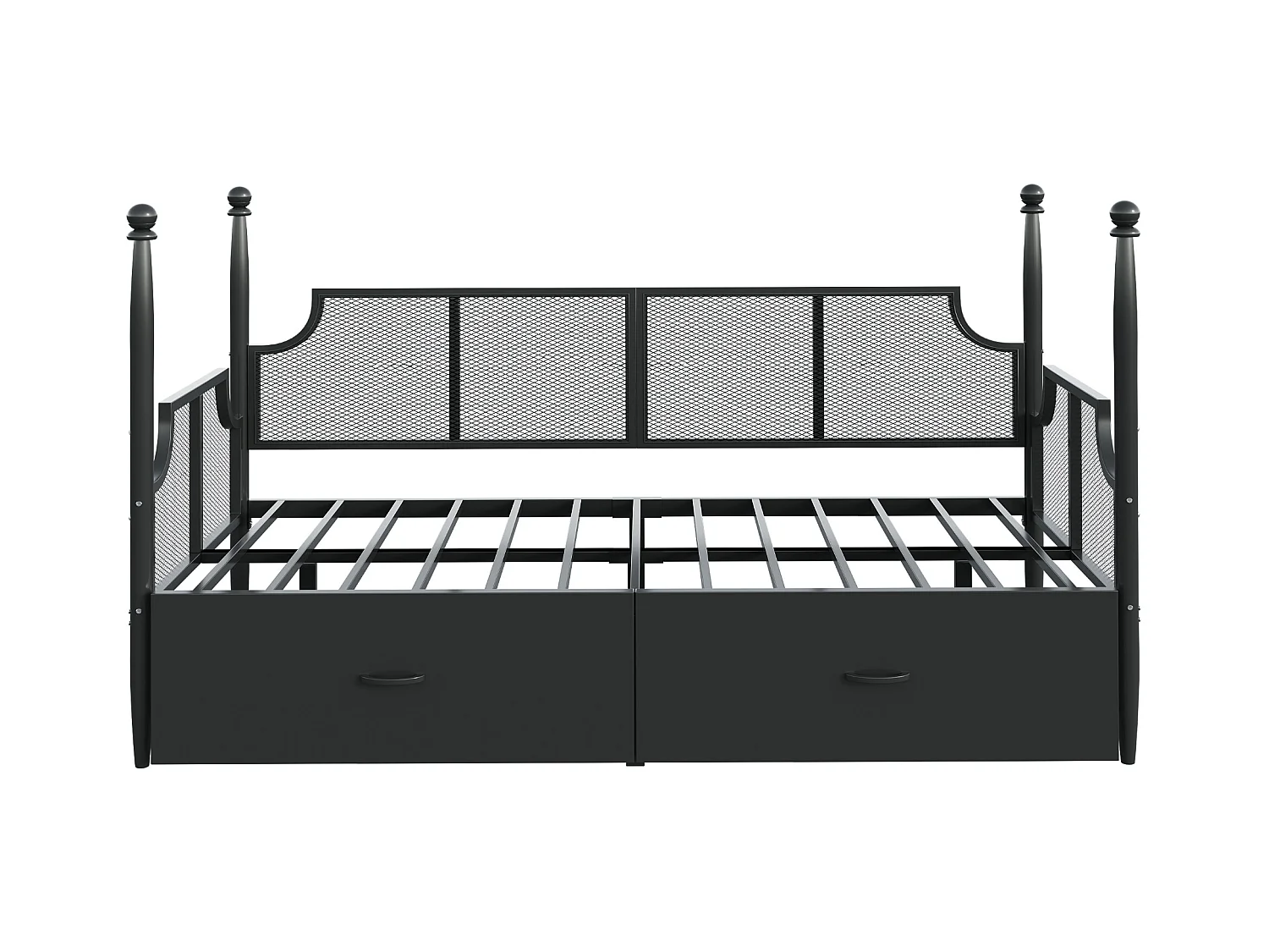 Lit enfant 90x200cm à baldaquin avec 2 tiroirs, cadre en fer, sans matelas, noir