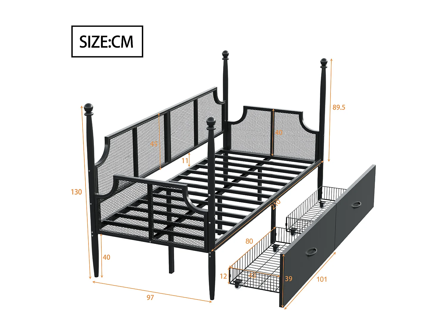 Lit enfant 90x200cm à baldaquin avec 2 tiroirs, cadre en fer, sans matelas, noir