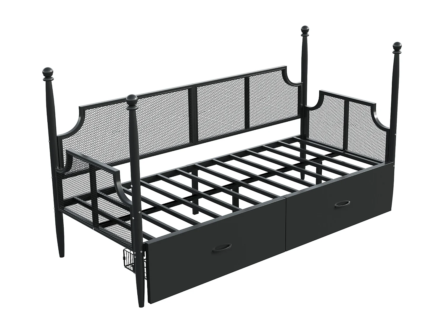 Lit enfant 90x200cm à baldaquin avec 2 tiroirs, cadre en fer, sans matelas, noir