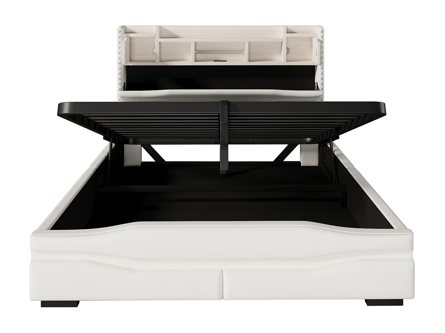 Lit coffre adulte 160x200cm avec LED et USB type-C, tête de lit de rangement, tissu en lin beige, sans matelas