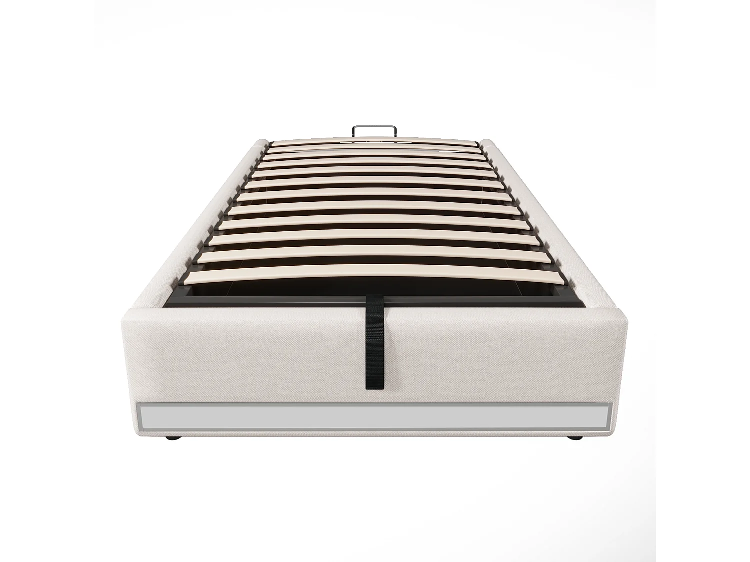 Volwassen opbergbed 90x200cm in beige linnen, zonder hoofdeinde, LED en USB inbegrepen, zonder matras