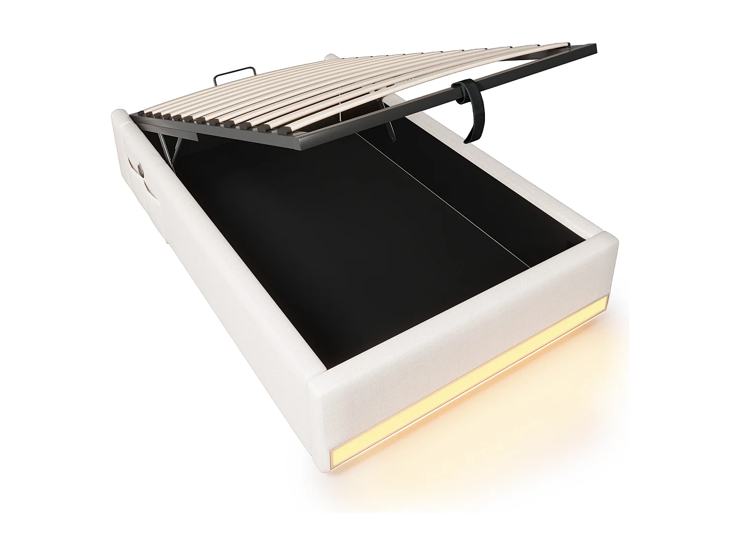 Volwassen opbergbed 90x200cm in beige linnen, zonder hoofdeinde, LED en USB inbegrepen, zonder matras