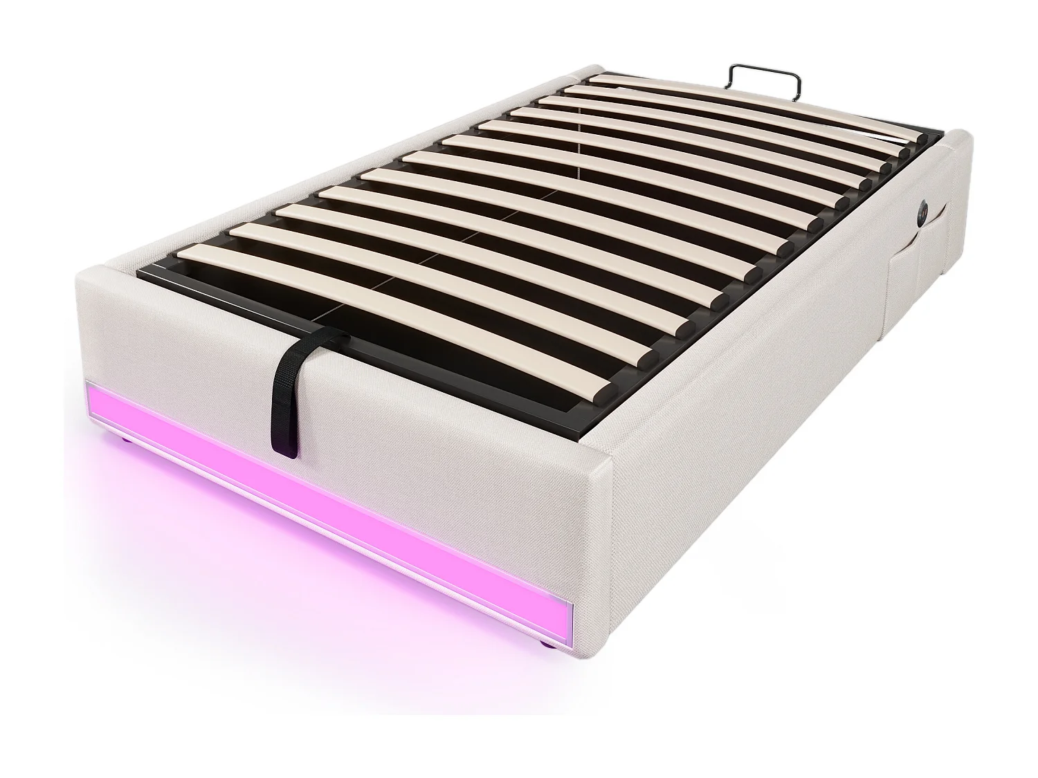 Lit coffre adulte 90x200cm en lin beige, sans tête de lit, LED et USB inclus, sans matelas