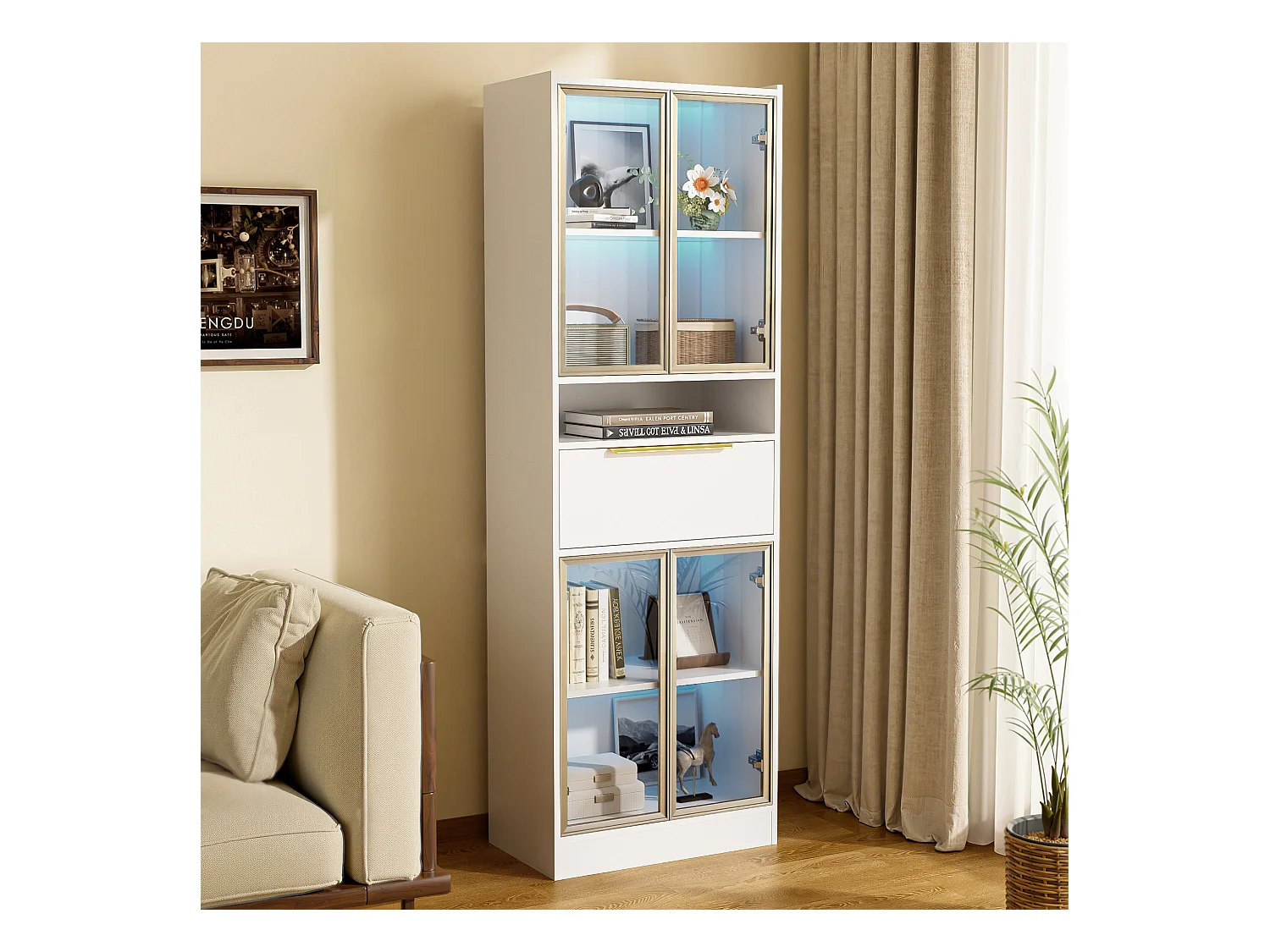 Vitrine 60x35x180cm avec 4 portes en verre trempé, 1 tiroir et 1 niche, LED inclus, corps en blanc laqué