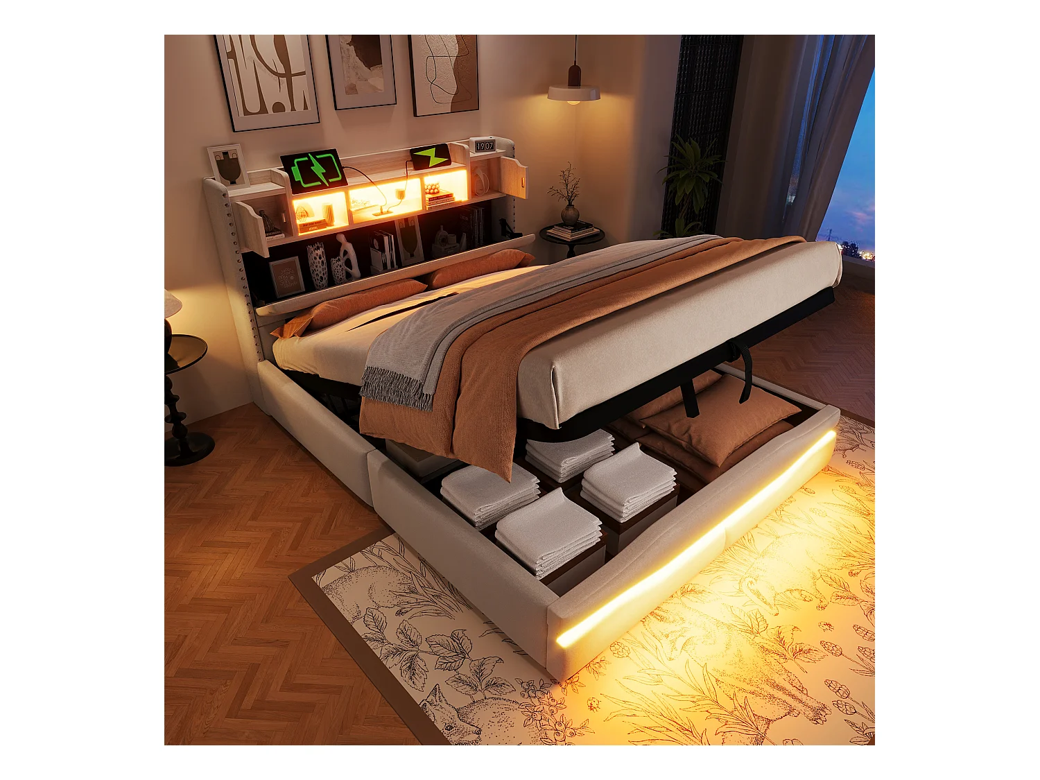 Volwassen opbergbed 140x200cm met LED en USB type-C, opberghoofdeinde, beige linnen stof, zonder matras