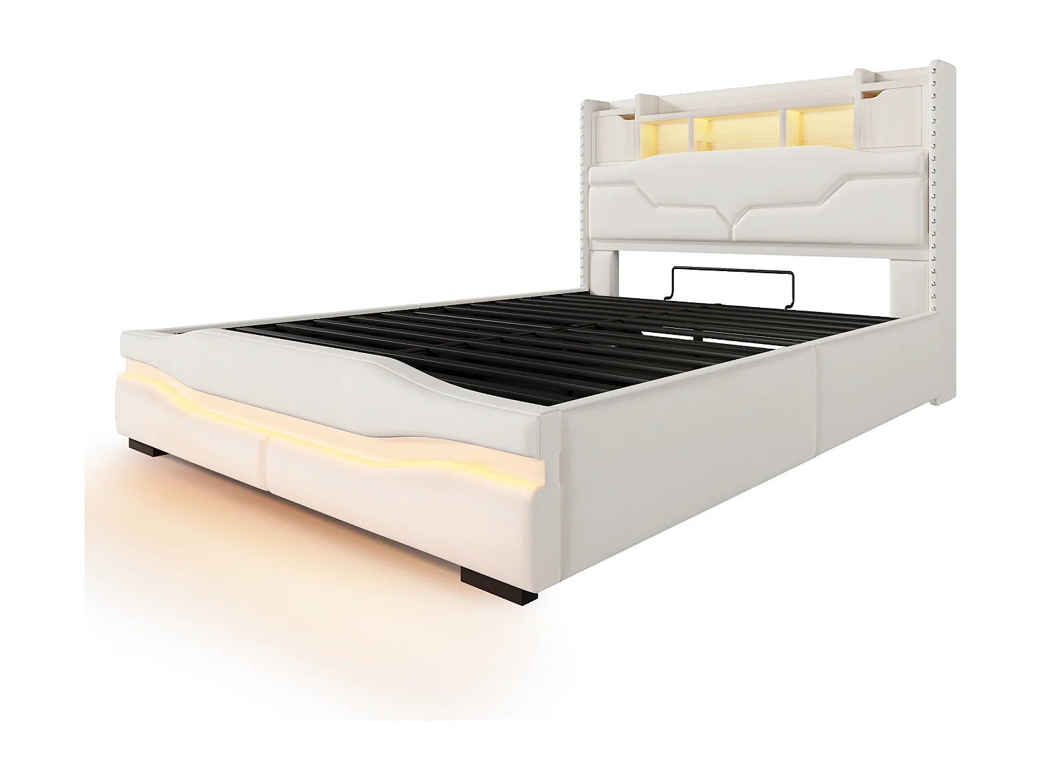Lit coffre adulte 140x200cm avec LED et USB type-C, tête de lit de rangement, tissu en lin beige, sans matelas