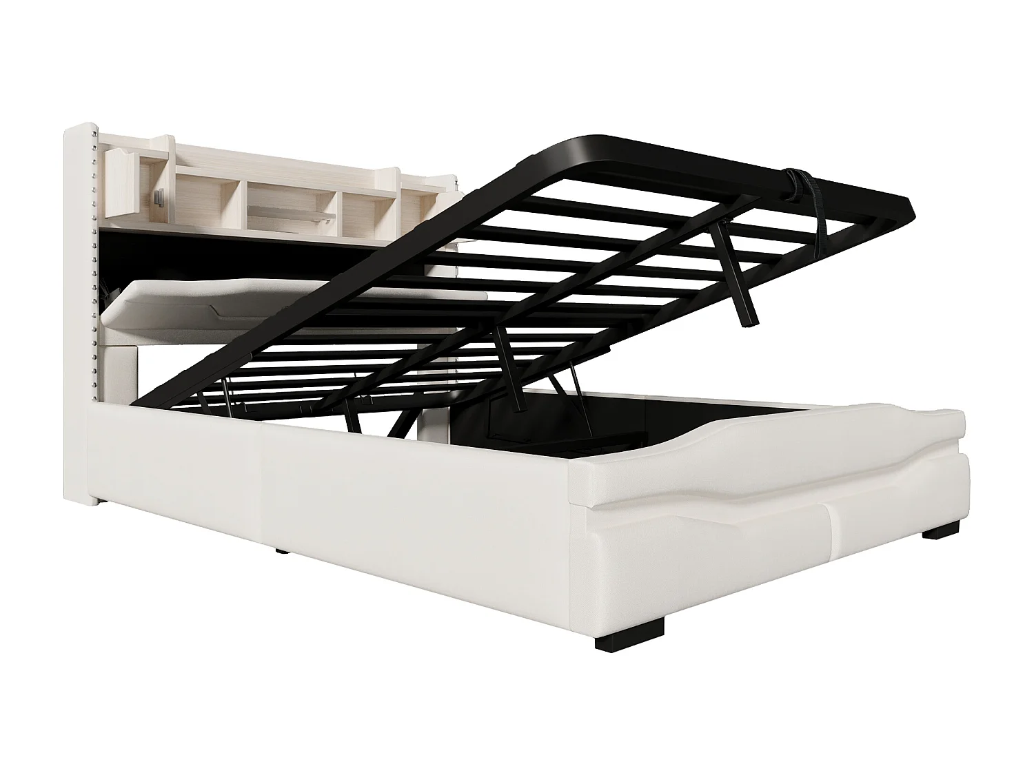 Lit coffre adulte 140x200cm avec LED et USB type-C, tête de lit de rangement, tissu en lin beige, sans matelas